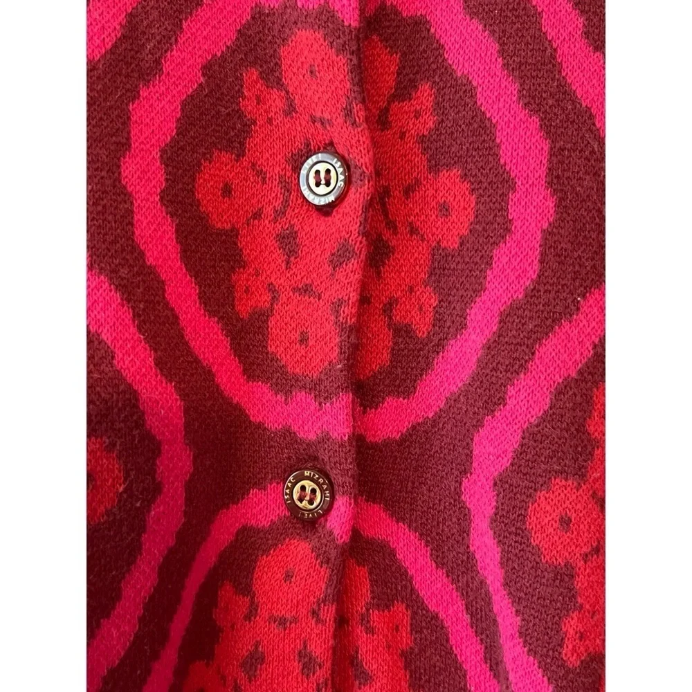 Red Medallion Jacquard Statement Holiday Knit Cardigan Sweater EUC L #653